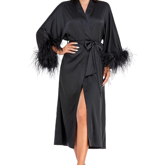 Kimono Robe with Size Large Feather Trim Satin - Picture 1 of 5